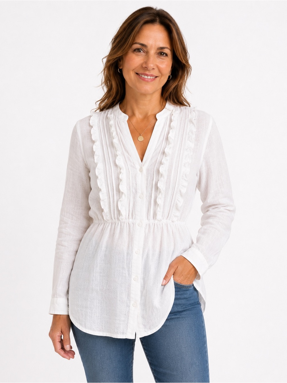 120% Lino Women’s White Ruffle Button Front Tunic Blouse Medium Roll-tab Sleeve
